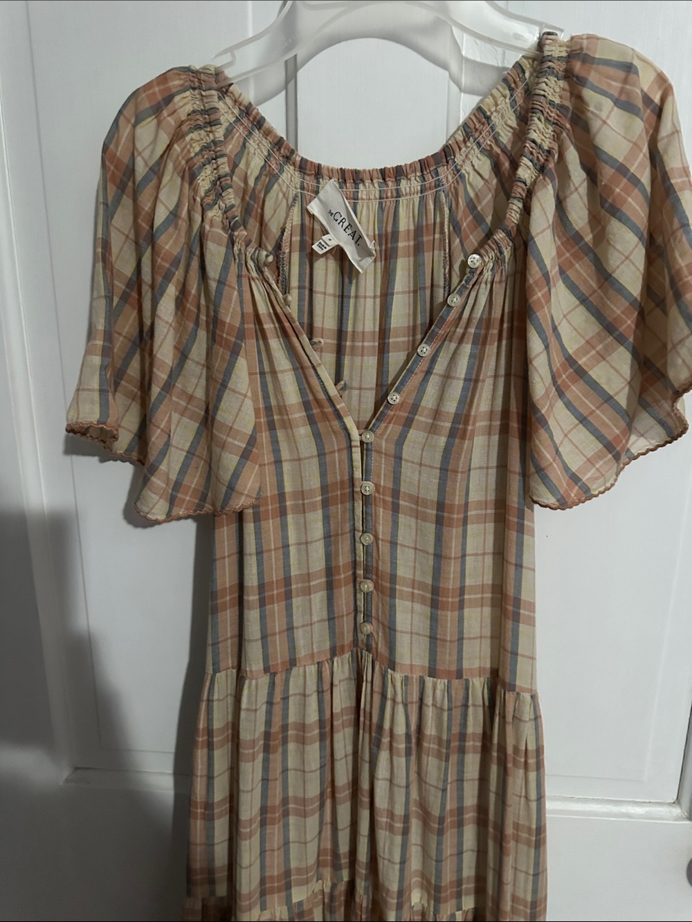 THE GREAT. Plaid Tiered Maxi Dress in Beige and Rust - Picture 7 of 9
